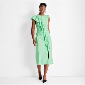 Future Collective NWT XS Mint Green Ruffle Front Midi Dress Sleeveless Side Slit